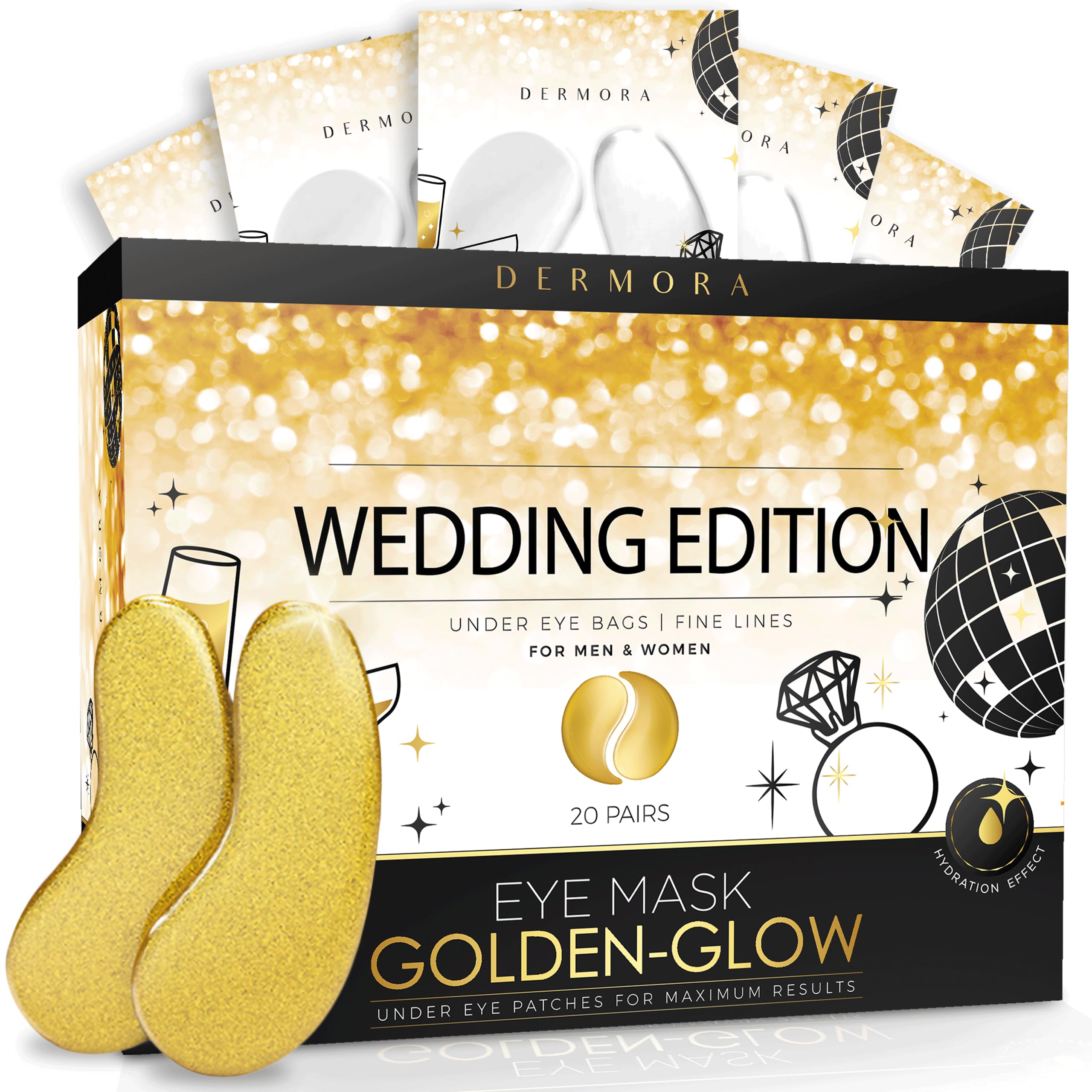 DERMORA Golden Glow Under Eye Patches - 20 Pairs Individually Packed, Hydrating Soft Gel Eye Masks for Puffiness, Wrinkles, Dark Circles & Fine Lines, Glowing Skin, Travel Friendly