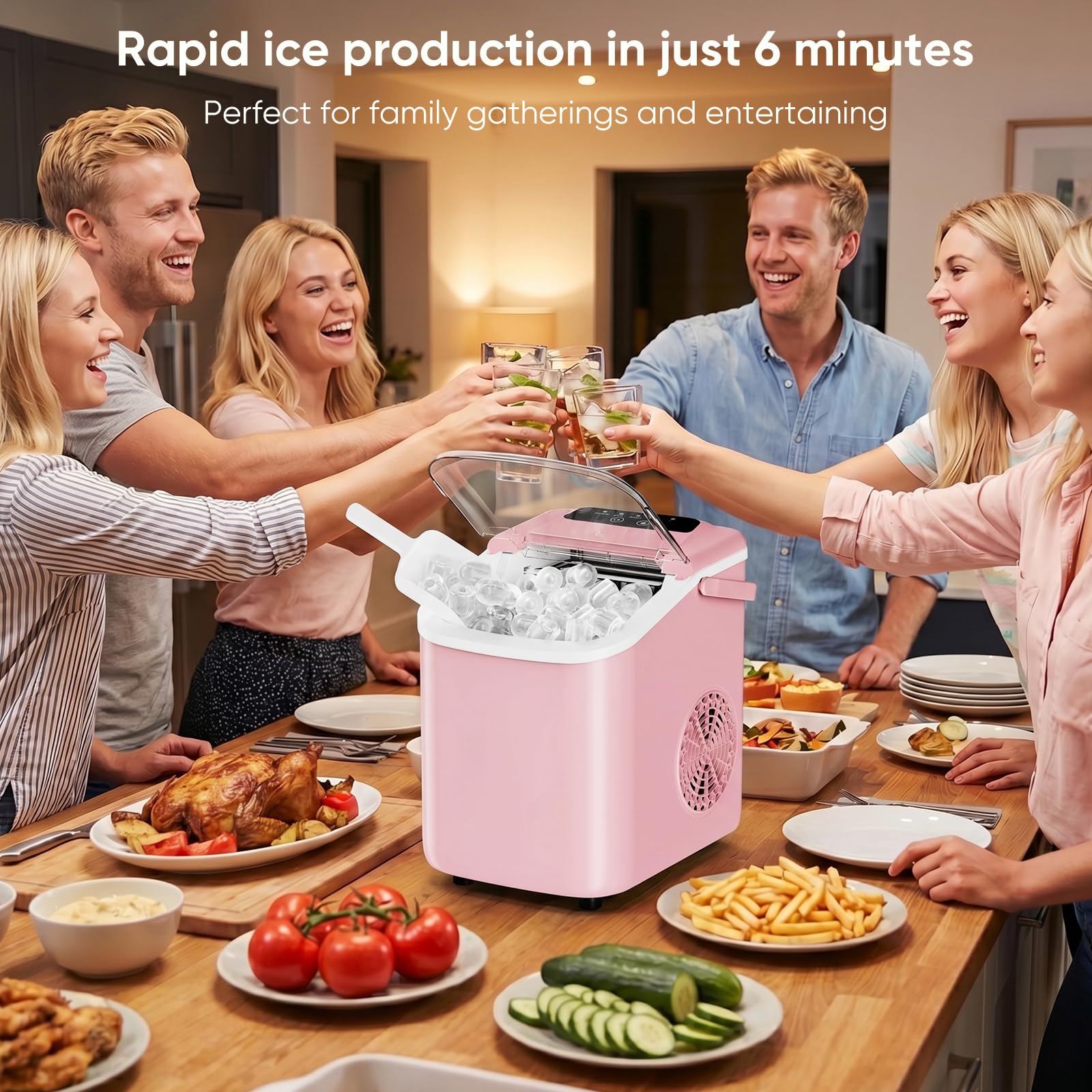 DUMOS Ice Maker Countertop, Ice Machine with Portable Handle, Basket and Scoop, 26lbs Daily, 9 Bullet Cubes in 6-8 Mins, Auto-Cleaning for Home, Kitchen, Office, Outdoors, RV Camping