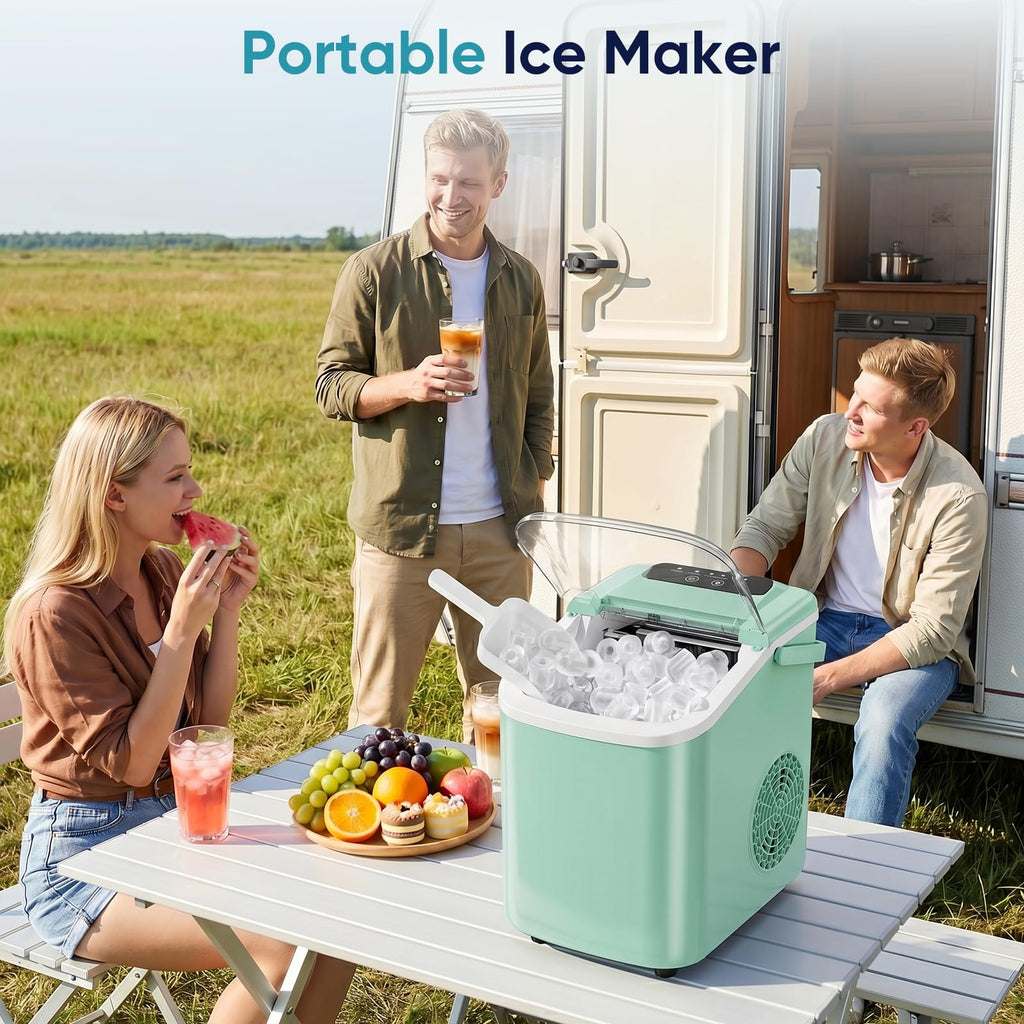 DUMOS Ice Maker Countertop, Ice Machine with Portable Handle, Basket and Scoop, 26lbs Daily, 9 Bullet Cubes in 6-8 Mins, Auto-Cleaning for Home, Kitchen, Office, Outdoors, RV Camping