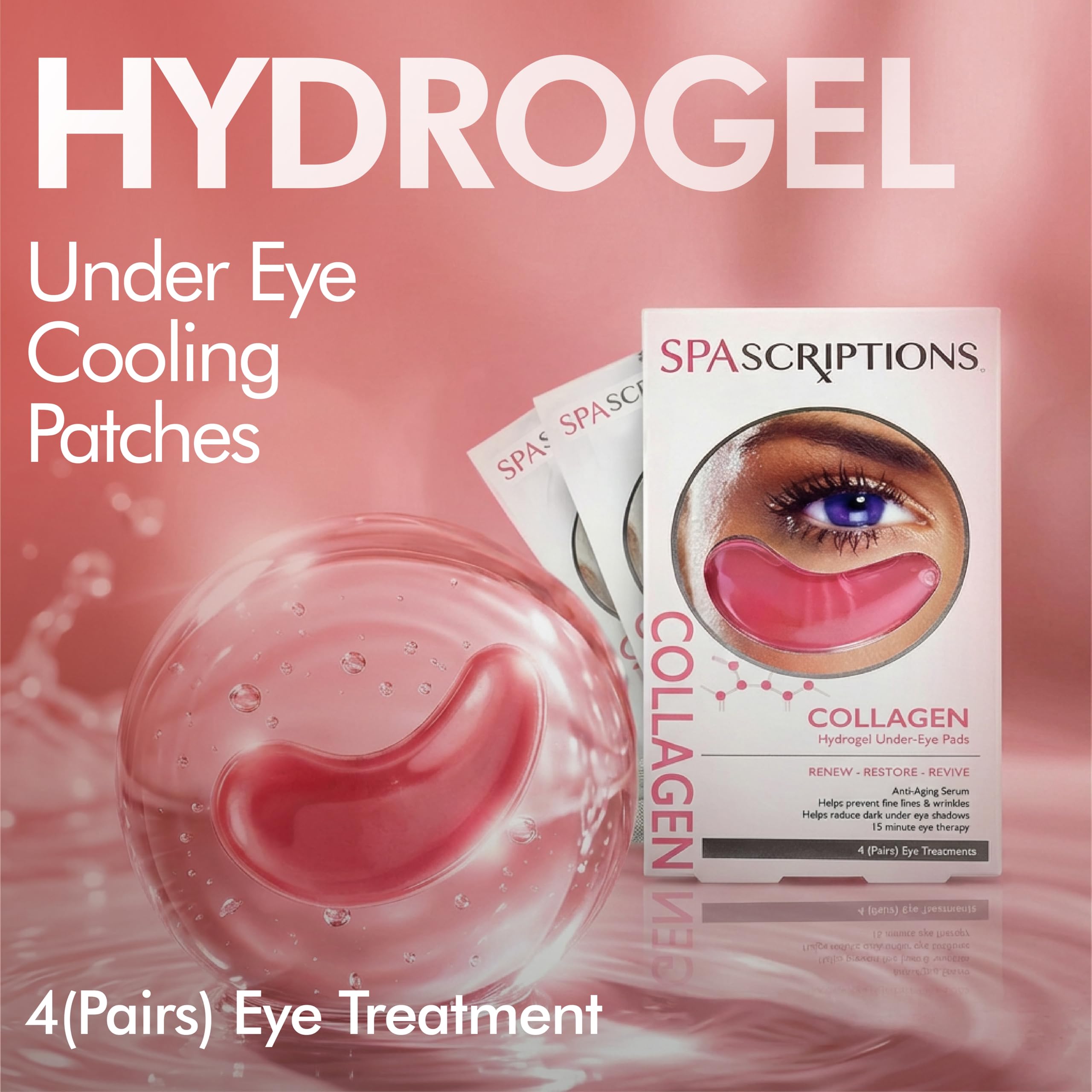 SpaScriptions Collagen Hydrogel Under Eye Patches - Anti-Wrinkle Eye Masks for Dark Circles & Puffiness, Firming & Hydrating Gel Eye Pads for Men & Women for Refreshing Daily Skin Care, 4 Pairs