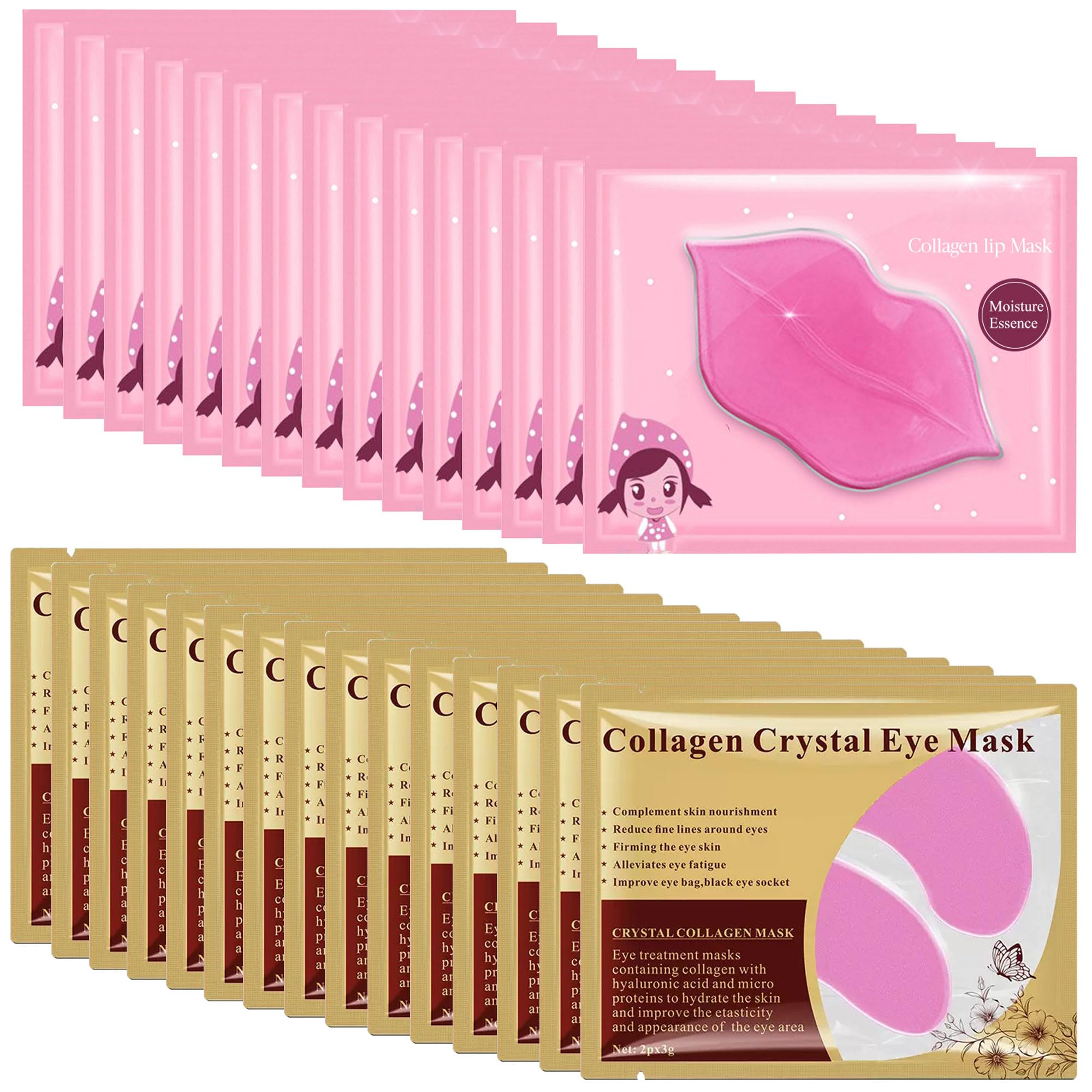 Lip Mask & Eye Mask - 30PCS Under Eye Patches Skincare for Puffy Eyes Bags Reducing Dark Circles,Collagen Hydrating Moisturizing Smoothing Gel Pads for Fade Fine Lines Anti-Aging Wrinkles Pink