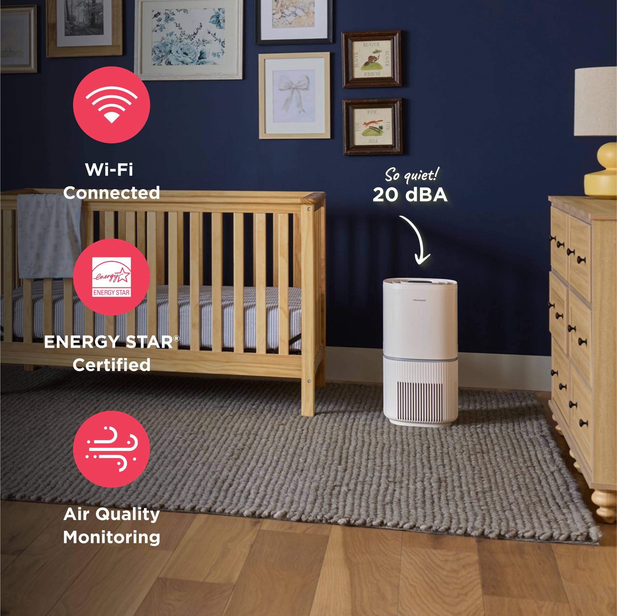 Frigidaire PureA300 HEPA Air Purifier with Wi-Fi for Small Bedrooms, Covers up to 850 Sq. Ft., 3-Stage Filtration, Energy Star Certification, Air Quality Monitoring, Smart Mode, Ultra Quiet, White