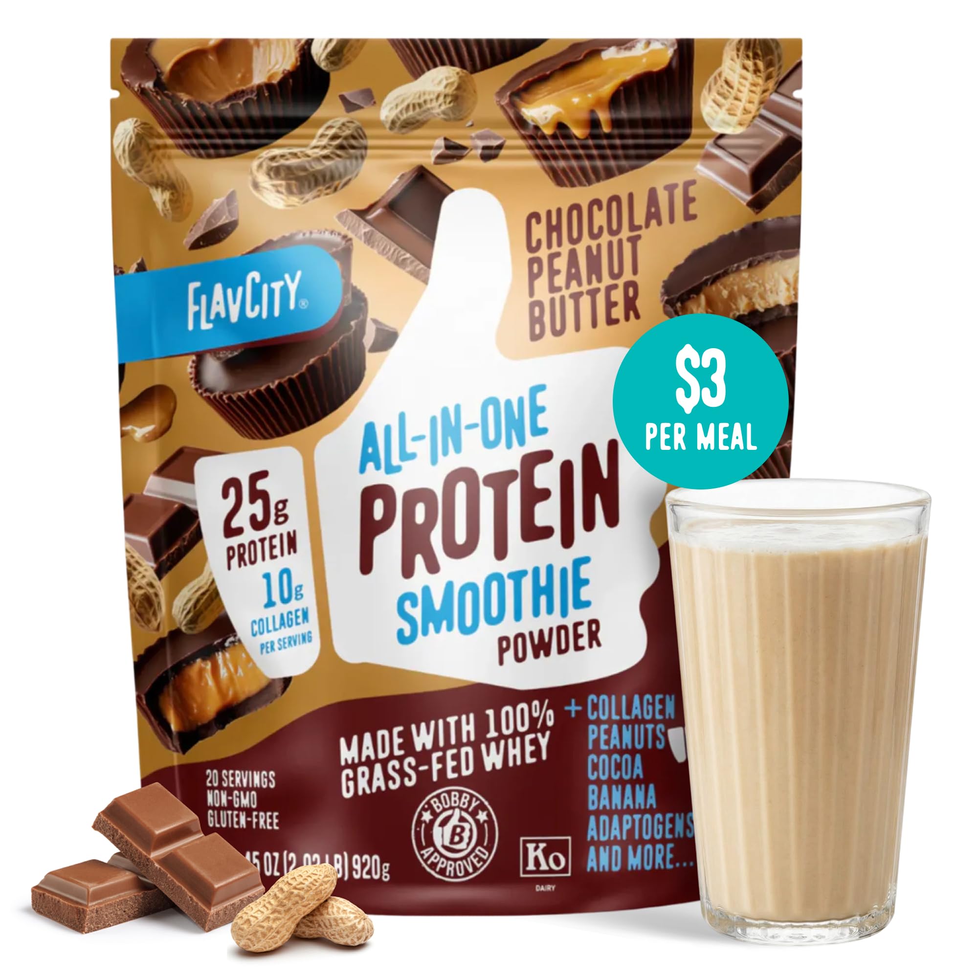 FlavCity All in One Protein Shake Powder, Pineapple Coconut - On the Go Meal Alternative + Collagen Peptides, Reishi & Cordyceps - Focus, Skin, Hair & Joint Support - 100% Grass Fed Whey, 20 Servings