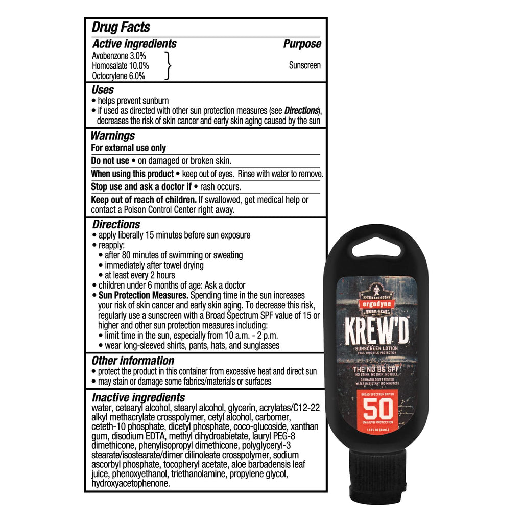 Ergodyne KREW'D 6355 Sunscreen Lotion, Broad Spectrum SPF 50, Water Resistant, 32 oz, 4-Pack, White