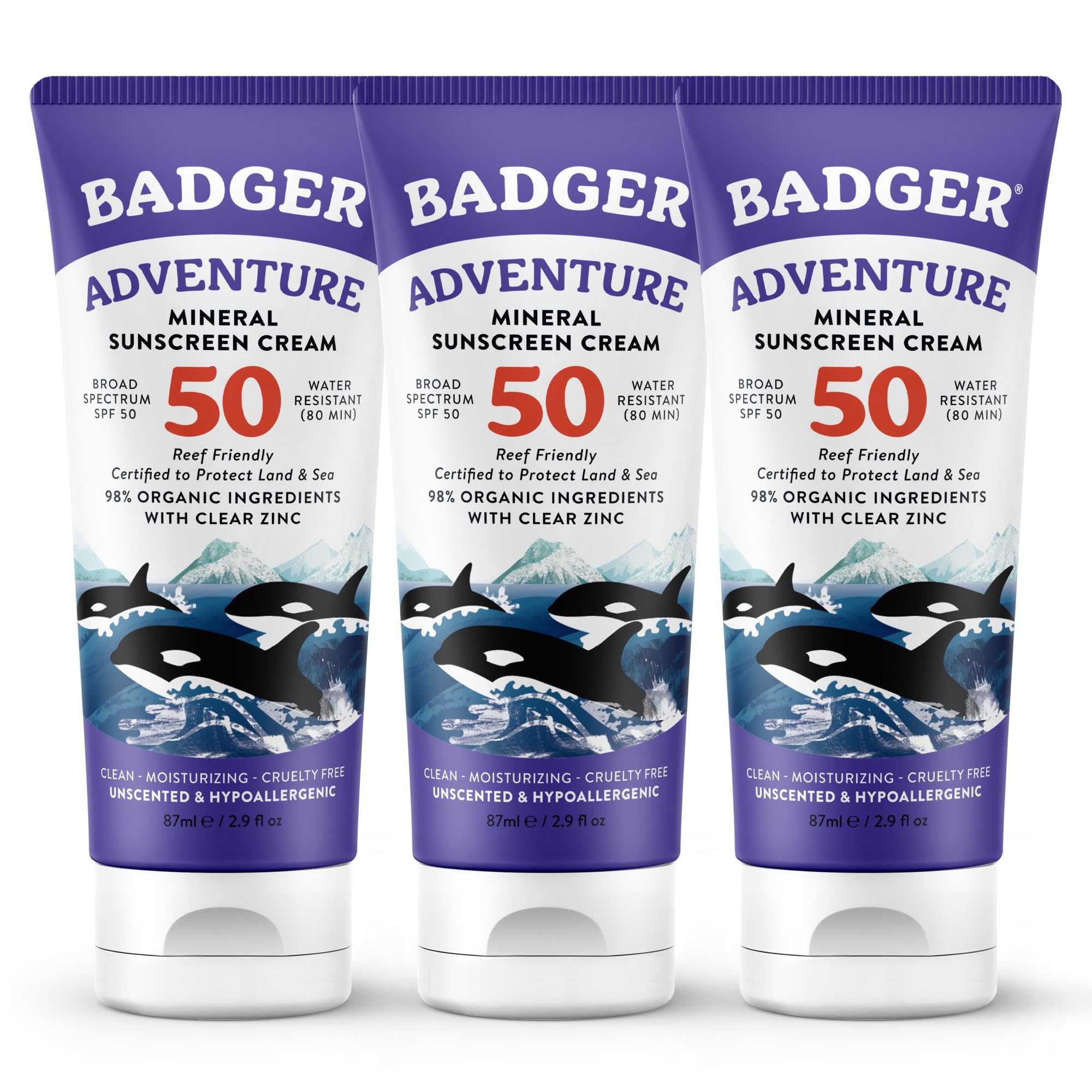 Badger Reef Safe Mineral Sunscreen, SPF 50, 98% Organic with Zinc Oxide, Non Toxic, Water Resistant, Unscented & Hypoallergenic, Broad - Spectrum, For Adventure & Sport, 2.9 fl oz