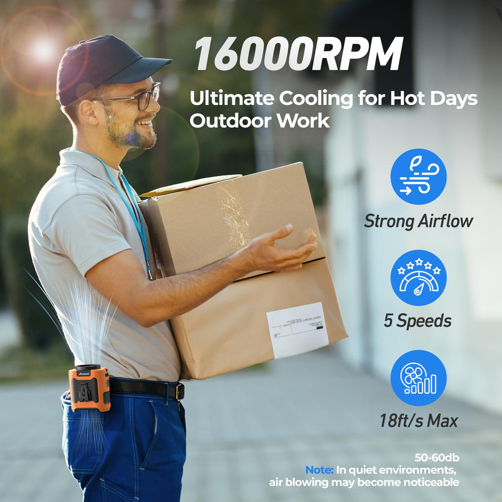 AMACOOL Portable Waist Fan Clip On, MAX 40H Work Time, 10000mAh Rechargeable Wearable Shirt Fan with Light, 16000RPM Powerful 5 Speed Belt Fans Personal Cooling Fans for Outdoor Jobsite Camping Travel
