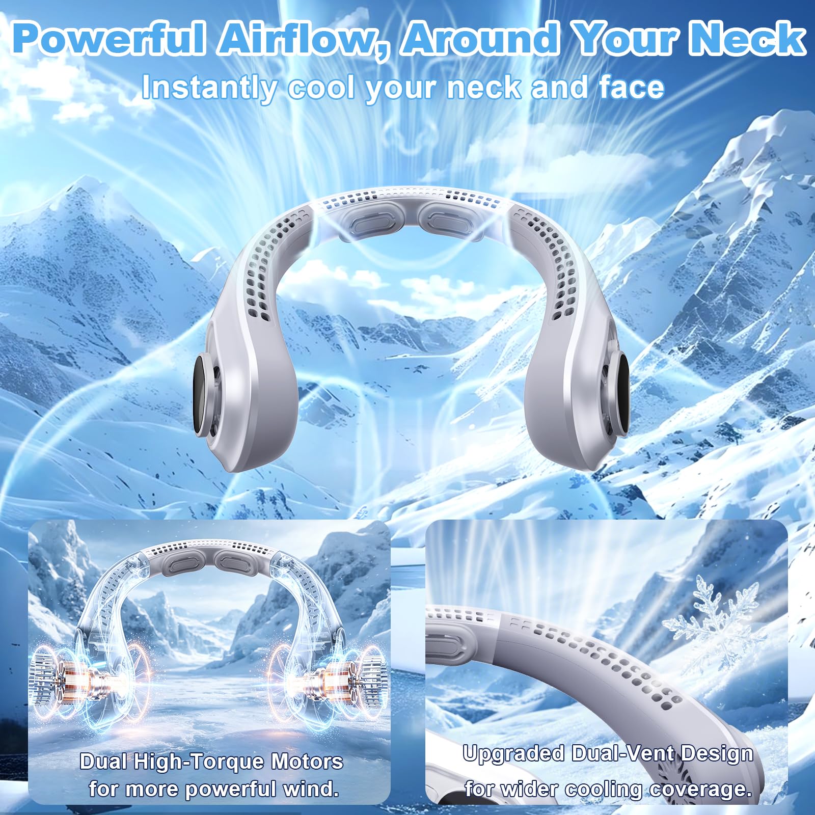 Portable Neck Fan Rechargeable - [with LED Display] 5 Speeds, 5000 mAh Battery Operated Wearable Personal Cooling Bladeless Fan for Outdoor Travel, Gifts for Men Women Kids,Gray