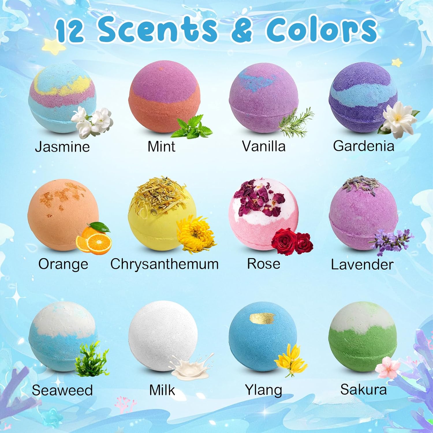 12 PCS Natural Bath Bombs, 2026 Upgrade Play Fizz Bath Bombs Gift Set with 12 Different Fragrances, Ocean Theme Bath Fizzies, Sea Salt Color Changing Spa Easter Bath Balls