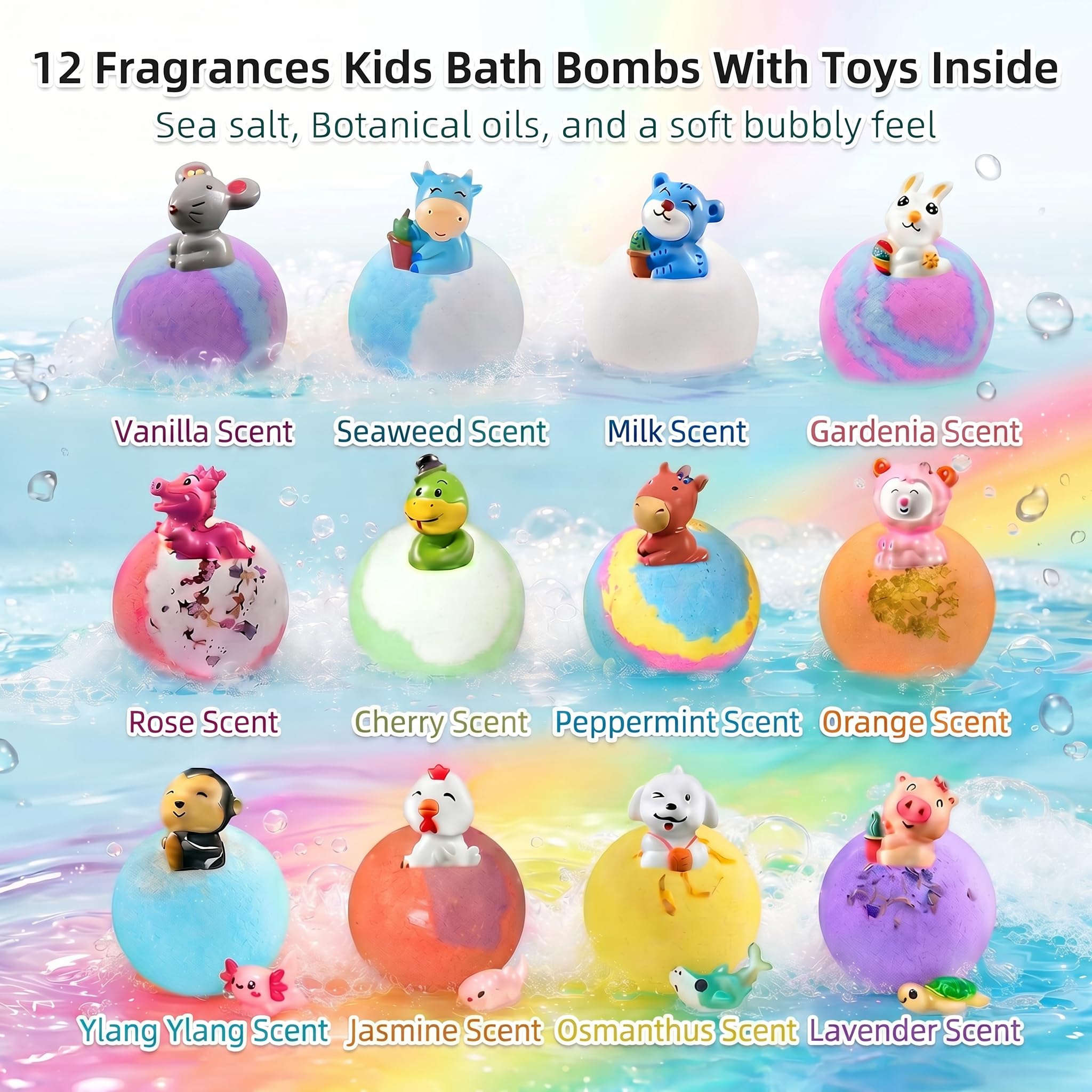 Bath Bombs with Surprise Inside, 12 Pack Fizzy Bath Bombs with Animal Figures Inside, Play Fizz Bubble Bath Gift Set with Natural Bath Bombs, Colorful Sea Salt Bath Balls Gifts (Zoo)