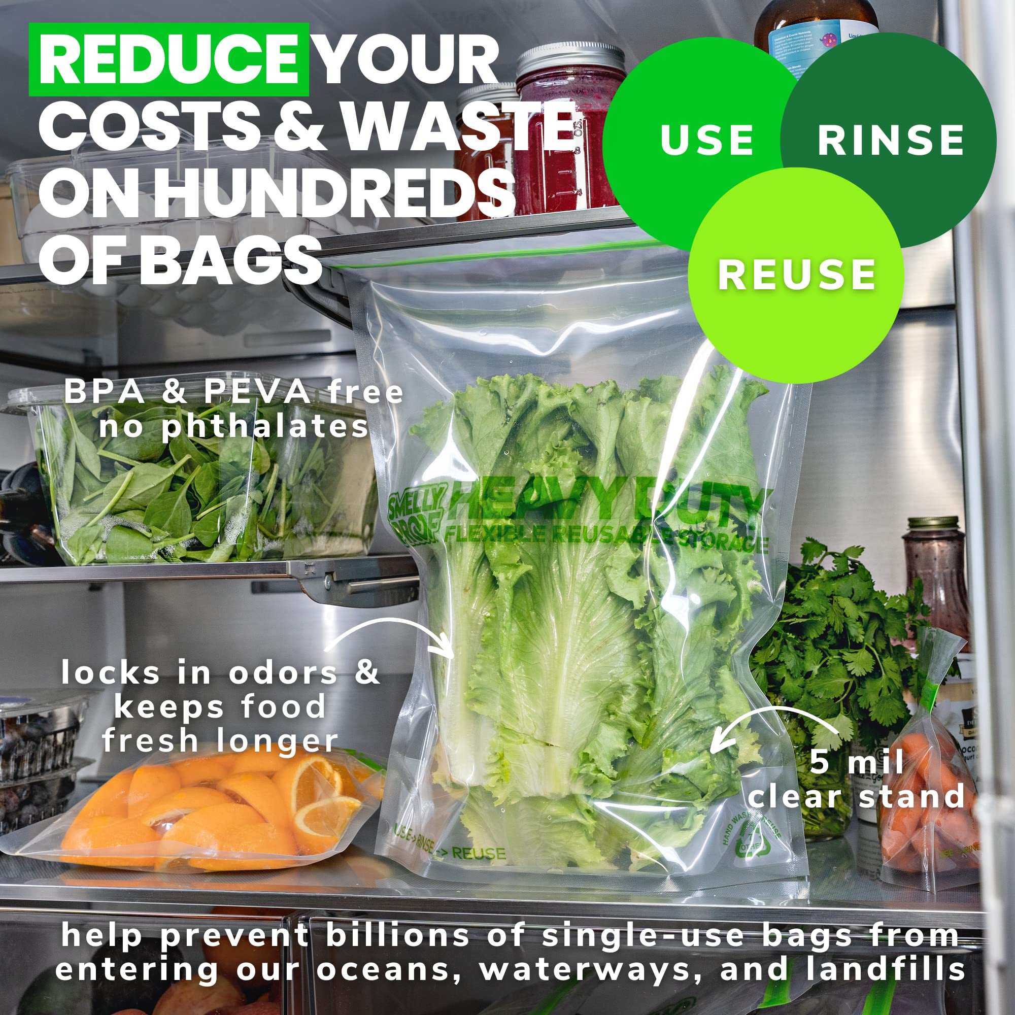 Smelly Proof HEAVY DUTY Reusable STAND-UP Bags for Food Storage, USA Made, NO PEVA & BPA FREE, Reusable Freezer Bags, Dishwasher-Safe, Triple Zip, CLEAR 5-mils XXL 2-Gallon 12" x 16" - 5pk