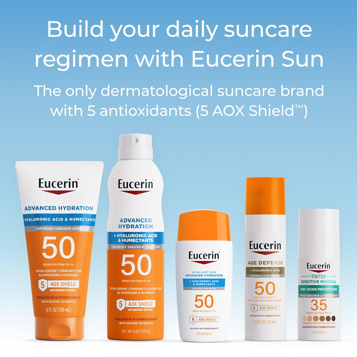 Eucerin Sun Age Defense SPF 50 Face Sunscreen Lotion with Hyaluronic Acid, Hypoallergenic, Non-Comedogenic Sunscreen SPF 50 Free of Fragrance, Oxybenzone and Octinoxate, 2.5 Fl Oz Bottle