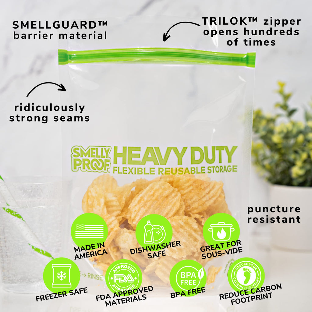 Smelly Proof HEAVY DUTY Reusable STAND-UP Bags for Food Storage, USA Made, NO PEVA & BPA FREE, Reusable Freezer Bags, Dishwasher-Safe, Triple Zip, CLEAR 5-mils XXL 2-Gallon 12" x 16" - 5pk