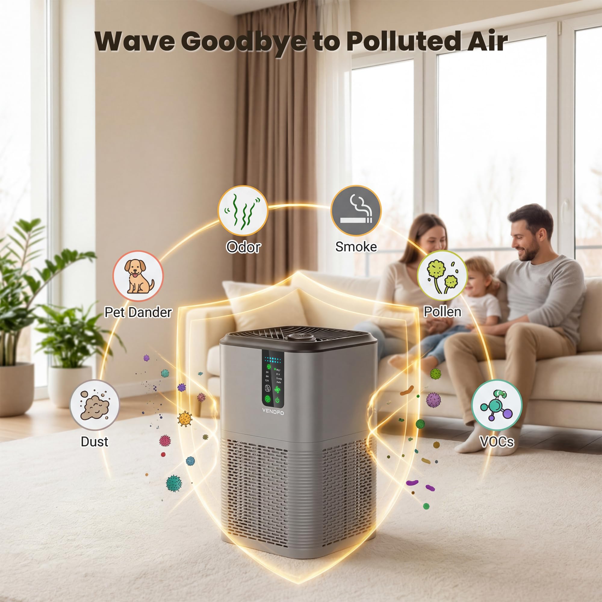 Air Purifiers for Home Large Room Up to 1750ft², Vendfo H13 HEPA Air Purifier for Bedroom with Auto Air Quality Monitor, Air Cleaner with Fragrance for Smoke Dust Pollen Pets Hair Odor, White Black