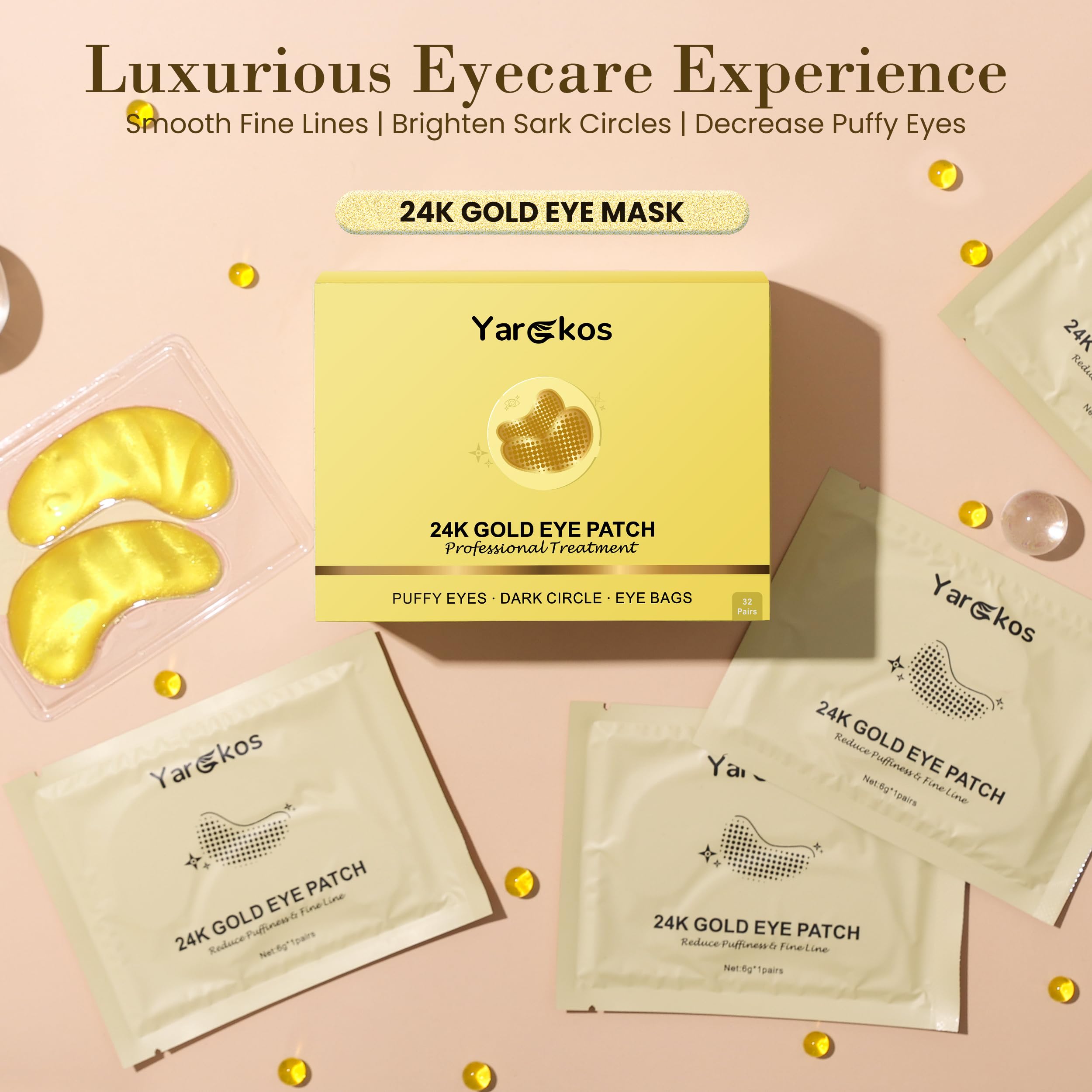 32 Pairs Under Eye Patches, Hydrating Eye Masks for Dark Circles Puffiness Puffy Eyes, Anti Wrinkle Collagen Undereye Pads, 32 Sets Travel Skincare Face Gel (24K Golden+Blue+Pink+Green)