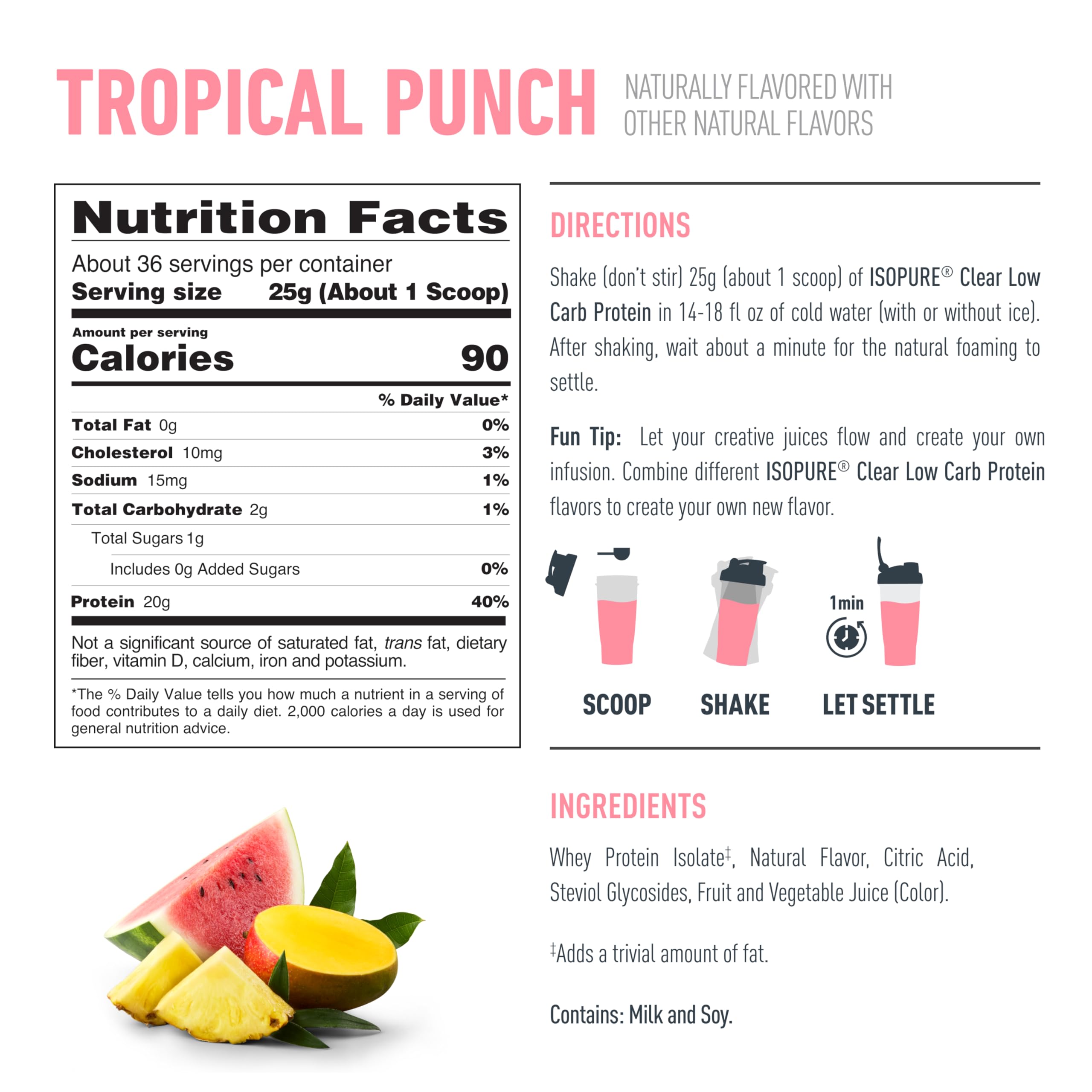 Isopure Clear Whey Isolate Protein Powder, Lactose Free, Gluten Free, Naturally Flavored, Watermelon Lime, 20g Protein Per Serving, 14.1 Oz, 16 Servings (Packaging May Vary)
