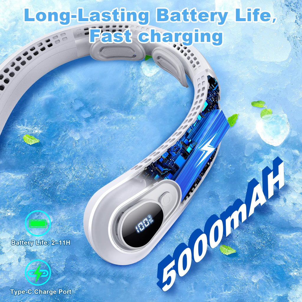 Portable Neck Fan Rechargeable - [with LED Display] 5 Speeds, 5000 mAh Battery Operated Wearable Personal Cooling Bladeless Fan for Outdoor Travel, Gifts for Men Women Kids,Gray