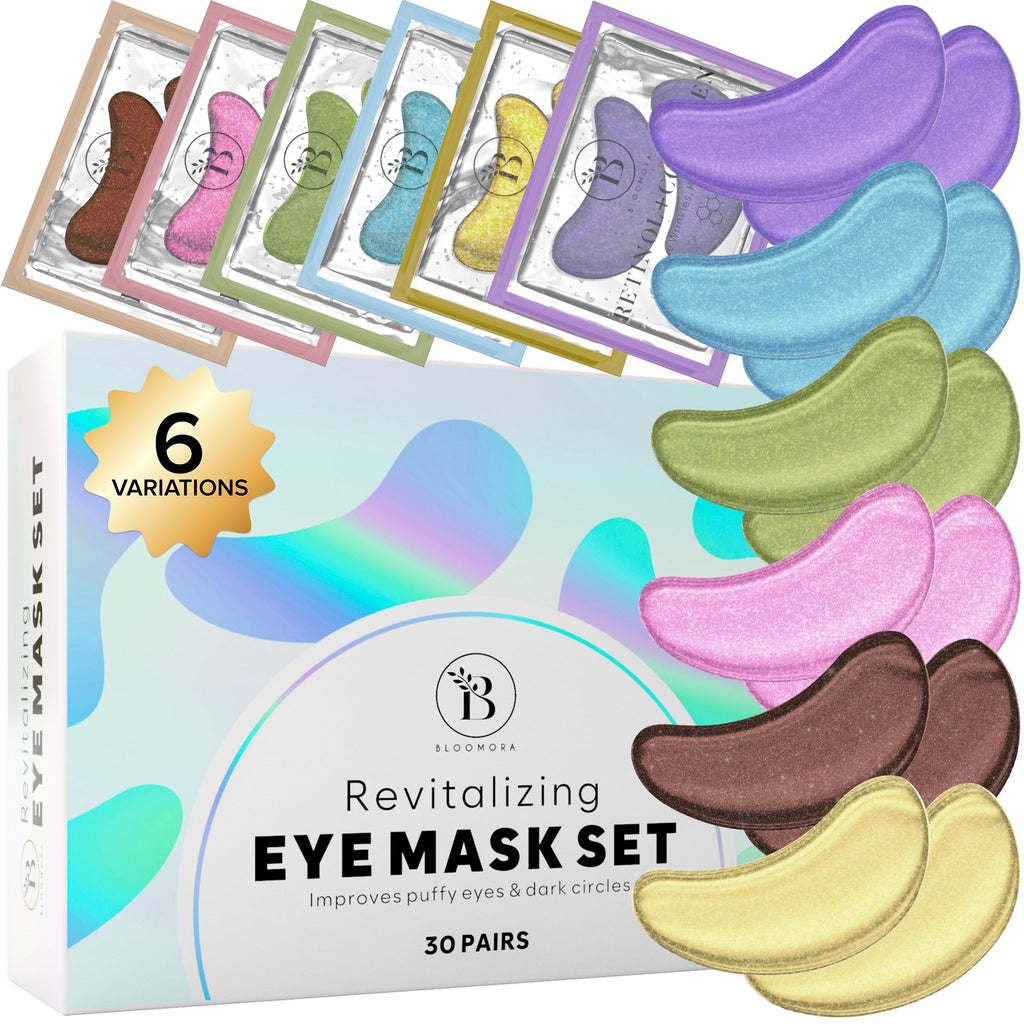 BLOOMORA Variety Under Eye Patches (30 Pairs) - Eye Mask for Dark Circles, Puffy Eyes & Wrinkles - 6 Varieties with Hyaluronic Acid, Green Tea, Rose, 24K Gold, Retinol, Collagen & Caffeine