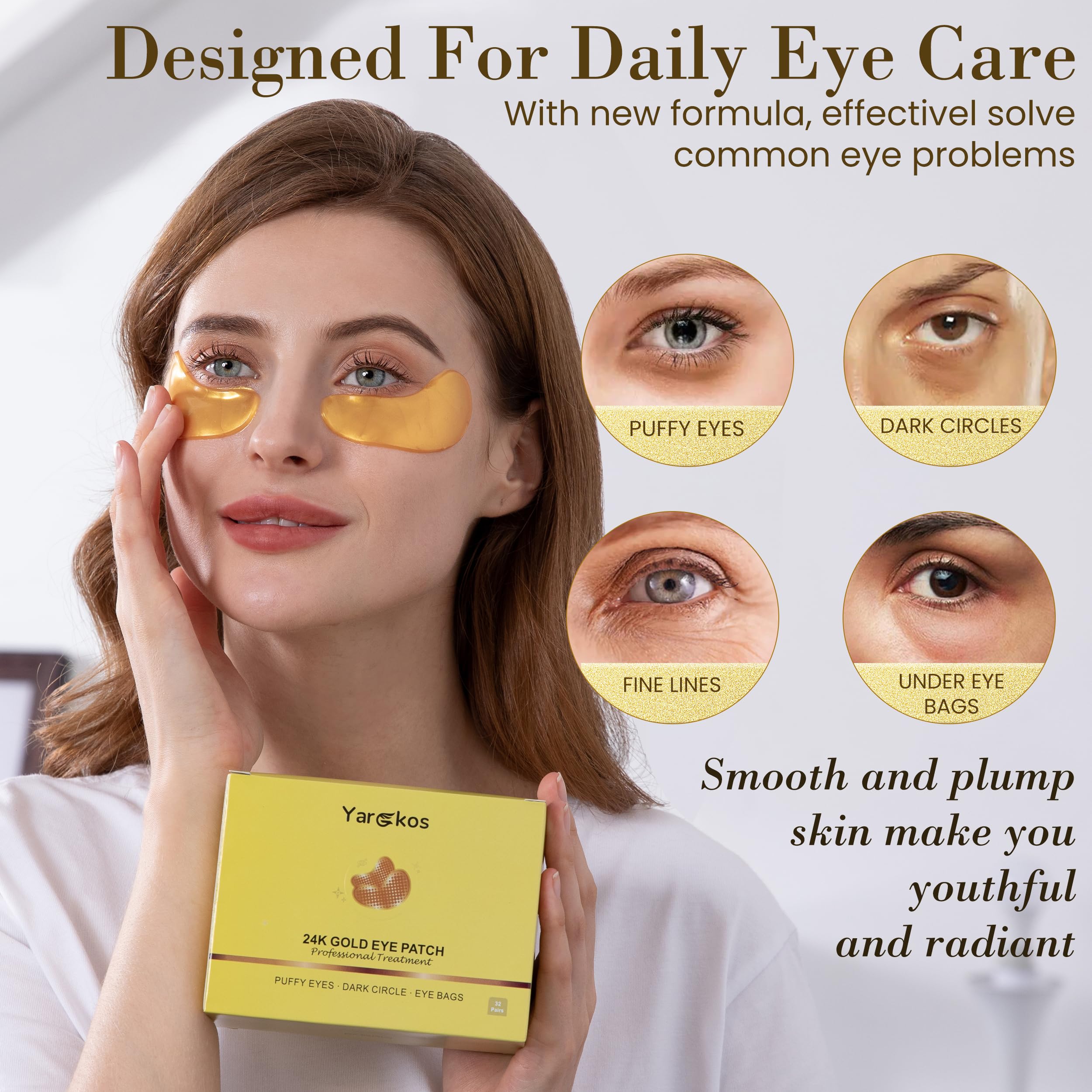 32 Pairs Under Eye Patches, Hydrating Eye Masks for Dark Circles Puffiness Puffy Eyes, Anti Wrinkle Collagen Undereye Pads, 32 Sets Travel Skincare Face Gel (24K Golden+Blue+Pink+Green)