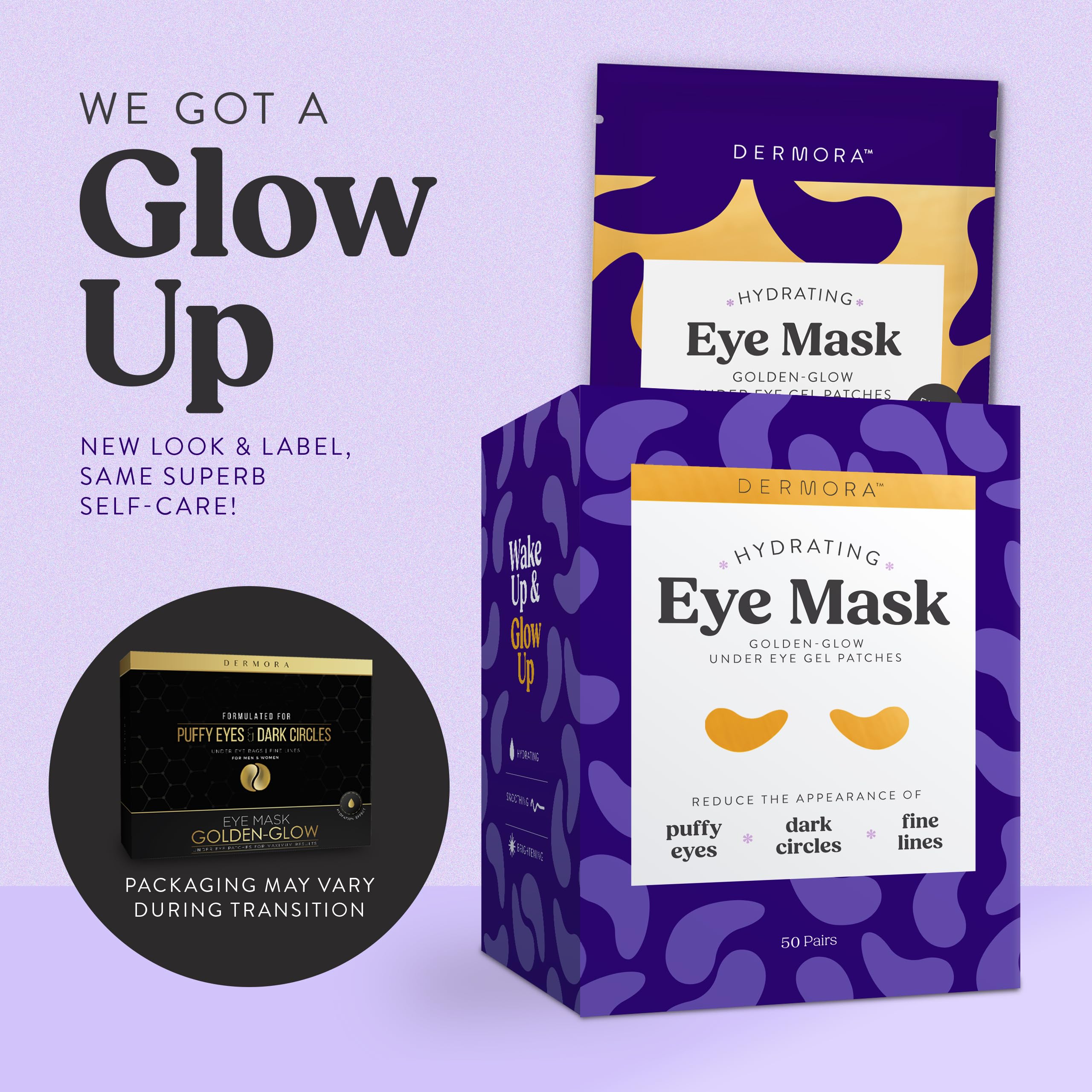 DERMORA Golden Glow Under Eye Patches - 20 Pairs Individually Packed, Hydrating Soft Gel Eye Masks for Puffiness, Wrinkles, Dark Circles & Fine Lines, Glowing Skin, Travel Friendly