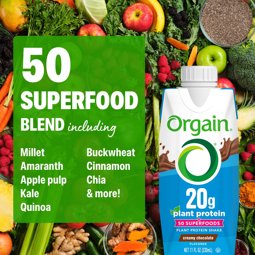 Orgain Organic Vegan Protein Shake, Creamy Chocolate - 20g Plant Based Protein, Ready to Drink, Fruits & Vegetables, Gluten Free, Kosher, No Soy or Dairy Ingredients, 11 Fl Oz (Pack of 12)
