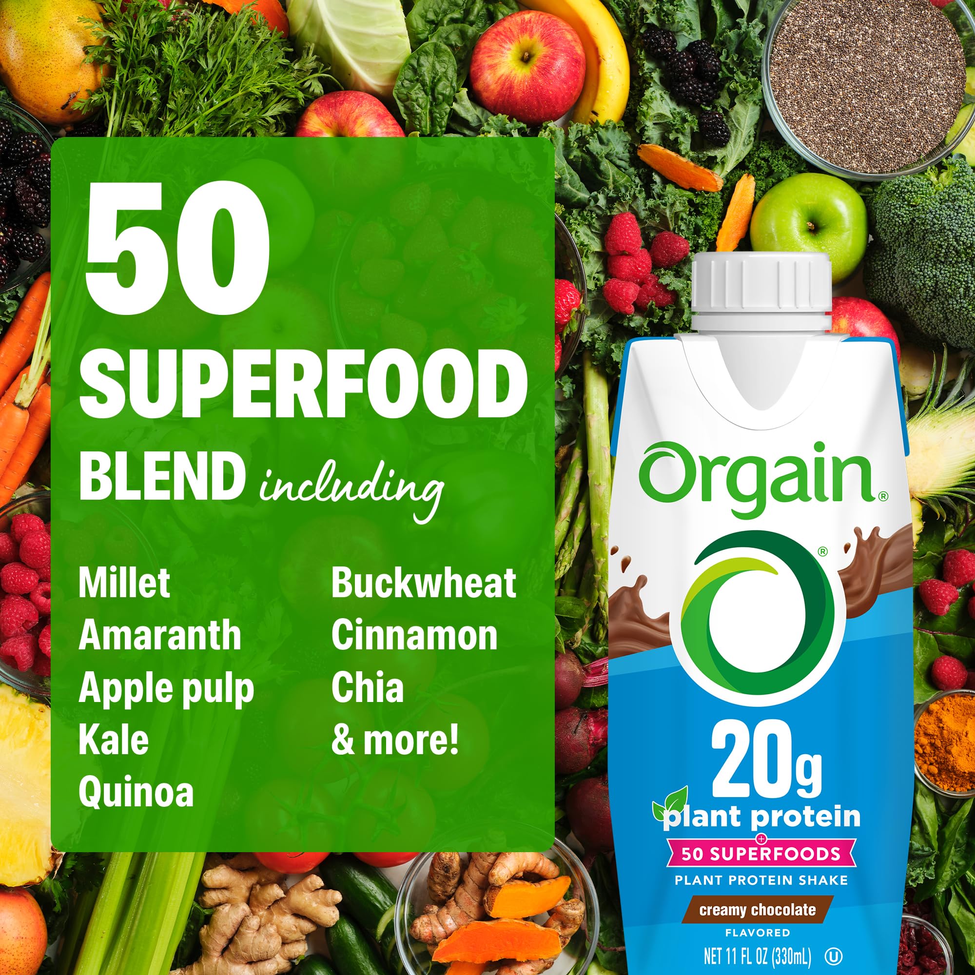 Orgain Organic Vegan Protein Shake, Creamy Chocolate - 20g Plant Based Protein, Ready to Drink, Fruits & Vegetables, Gluten Free, Kosher, No Soy or Dairy Ingredients, 11 Fl Oz (Pack of 12)