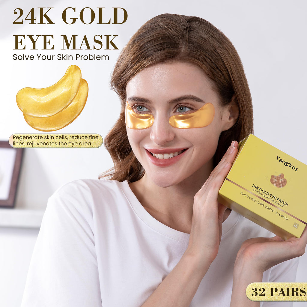 32 Pairs Under Eye Patches, Hydrating Eye Masks for Dark Circles Puffiness Puffy Eyes, Anti Wrinkle Collagen Undereye Pads, 32 Sets Travel Skincare Face Gel (24K Golden+Blue+Pink+Green)