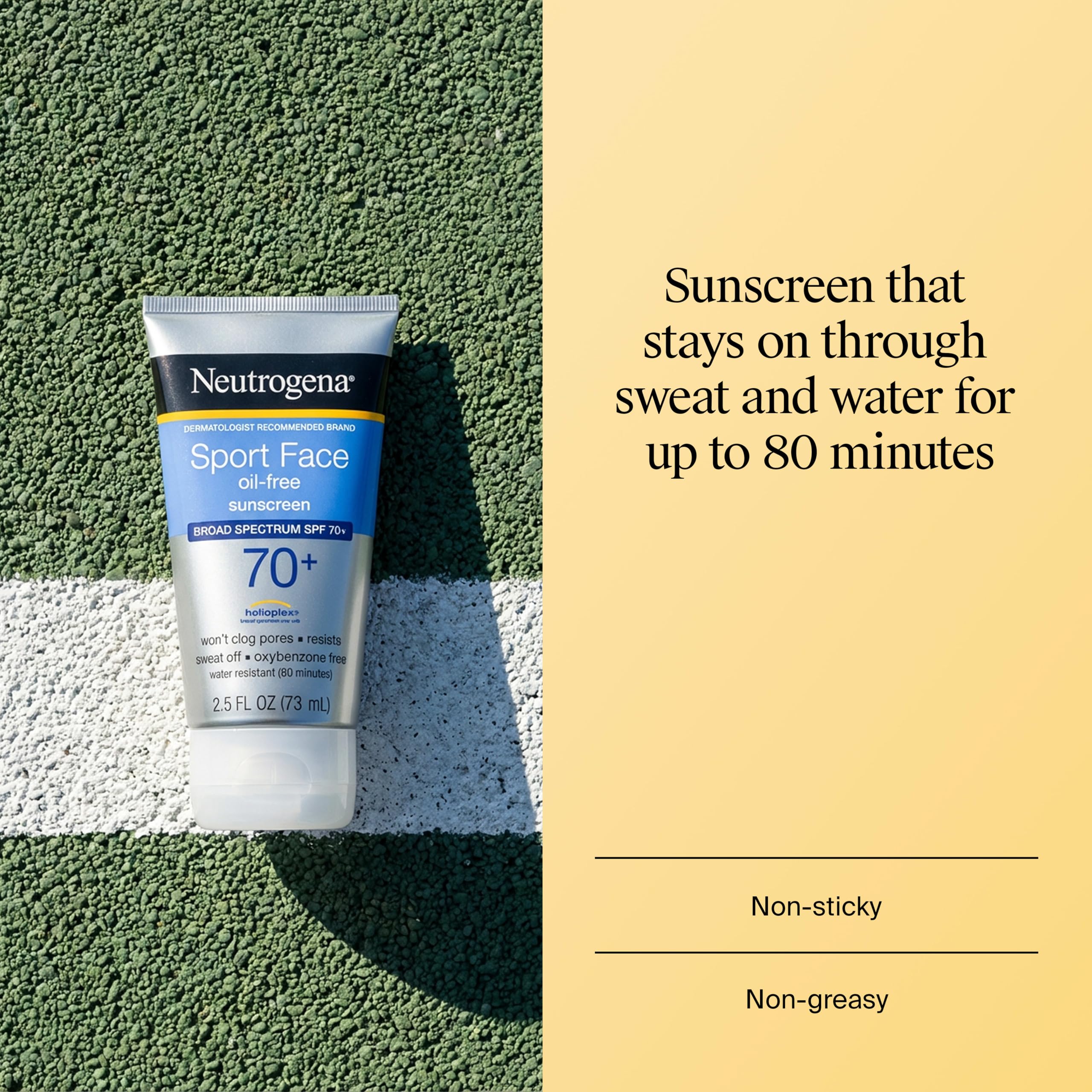 Neutrogena, Sport Face Sunscreen SPF 70+, Oil-Free, Sweat and Water-Resistant, Broad-Spectrum UVA/UVB, 2.5 Fl Oz