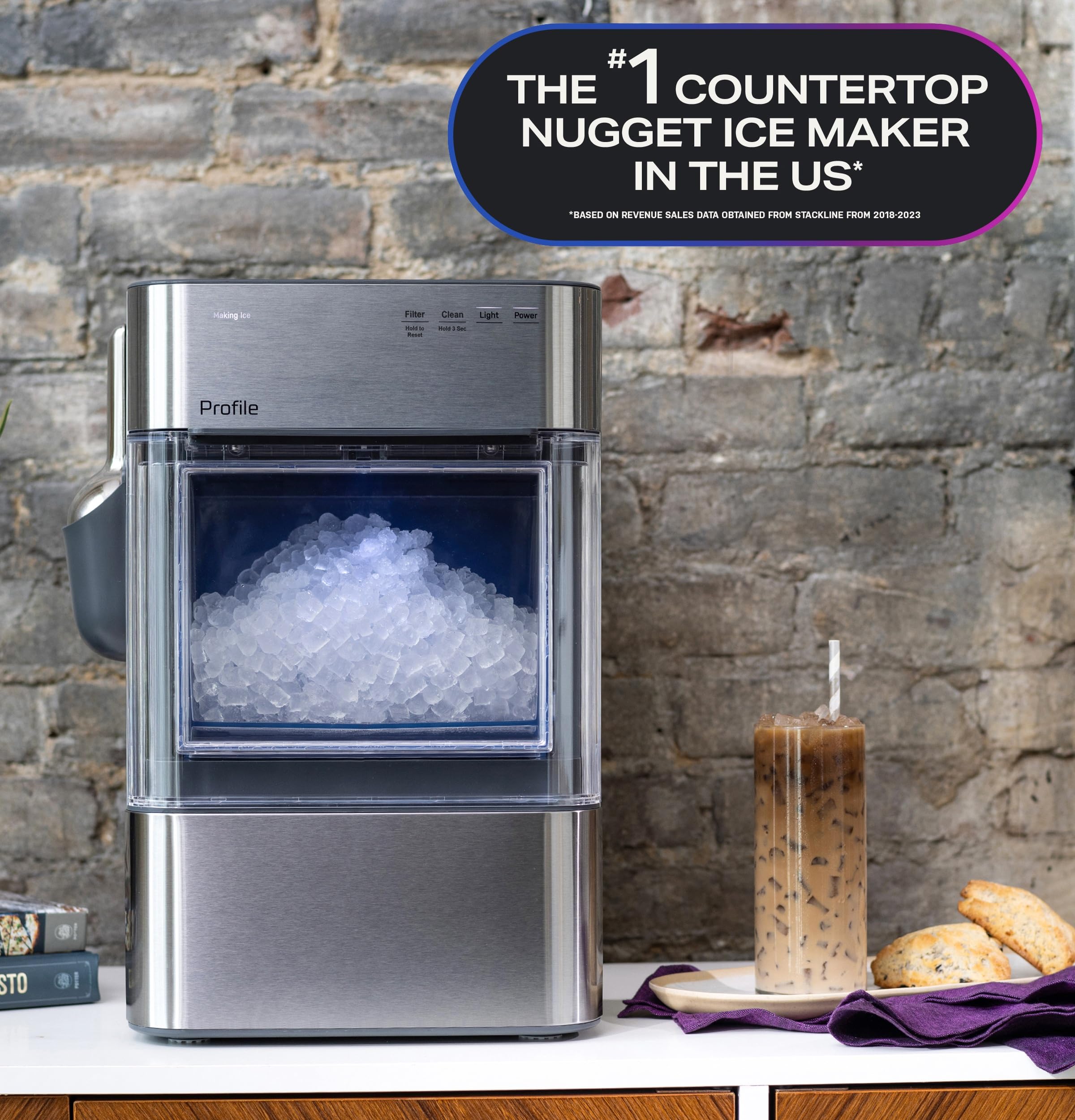 GE Profile Opal 2.0 Ultra Nugget Ice Maker with Scale Inhibiting Filter, Scoop Included, 38 lbs in 24 Hours, Pellet Ice Machine with WiFi & Smart Connected, Stainless Steel