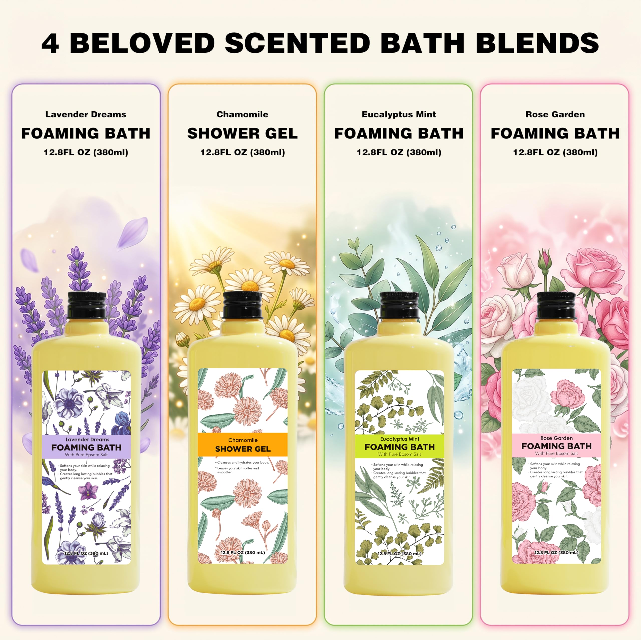 Serenity Sanctuary Bubble Bath for Women, Scented Gift Set for Adults, 51.2 fl oz (Pack of 4), with Shower Gel, Ladies Foaming Bath Variety, Mother's Day Gift for Mom, Christmas Gifts for Wife